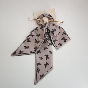 NWT Black Tan Butterfly Patterned Silky Scarf Hair Pin Barrette